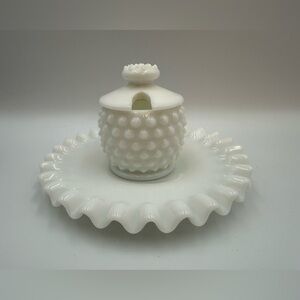 Vintage Fenton Hobnail Milk Glass Jam Jelly Jar with Ruffle Under Plate